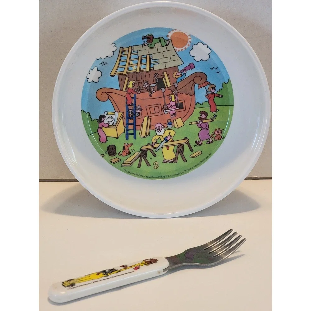 Vtg 90s Noah's Ark Children Cereal Bowl Zak Melamine Ware  Fork Beginner Bible